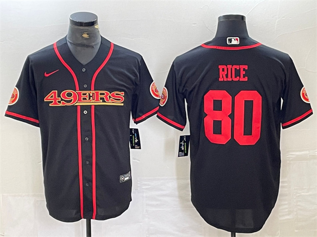 Men's San Francisco 49ers #80 Jerry Rice Black With Patch Cool Base Stitched Baseball Jersey Men's San Francisco 49ers #80 Jerry Rice Black With Patch Cool Base Stitched Baseball Jersey